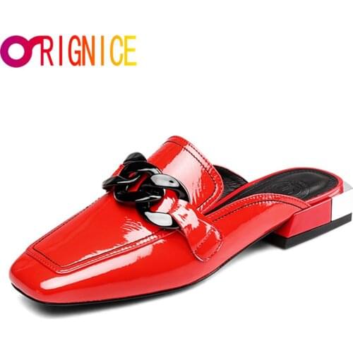 Orignice Fashion Brand Women Genuine Leather Pumps Spring Summer Square Toe Party Wedding Casual Slip on Chain Mules Red
