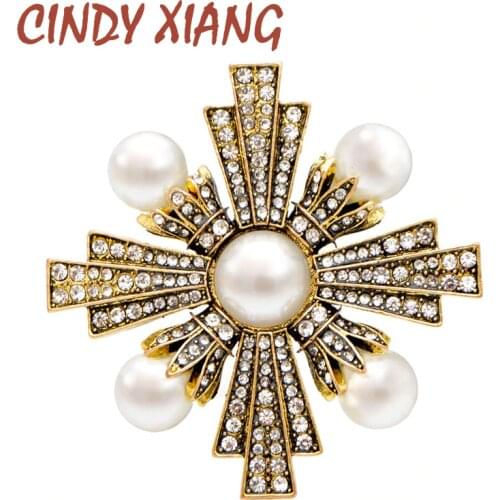 CINDY XIANG Vintage Gold Color Rhinestone and Pearl Cross Brooches for Women Baroque Style Brooch Pin Coat Accessories Elegant
