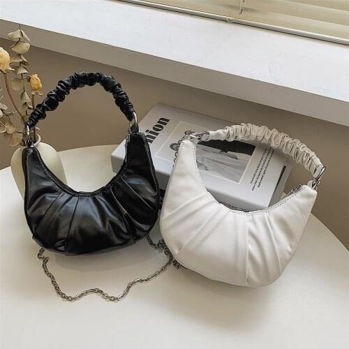 New Fashion Women Simple Solid Color Pleated PU Leather Shoulder Crossbody Bags Casual Ladies Small Chain Messenger Handbags