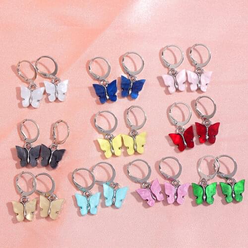 Flatfoosie 2 Pair/Set Korea Animal Resin Stud Earrings Multcolor Butterfly Acrylic Silver Color Earring Delicate Insect Jewelry