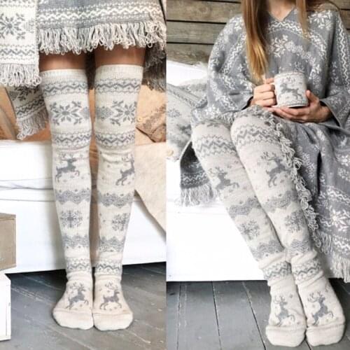 Female Gray Knitted Socks Christmas Snowflake Medium Tube Socks Woolen Stocking Winter