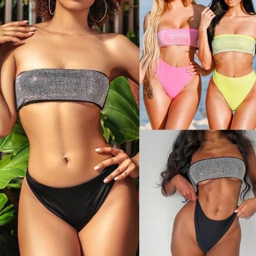 Womens Glitter Sparkling Strapless Bikini Female Swimsuit Women Swimwear Two-pieces Bikini Set Bandeau Bather Bathing Suit