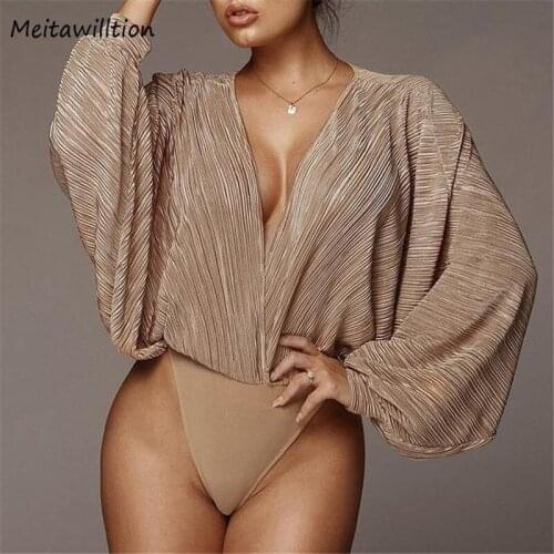 Sexy Long Sleeve Deep V-Neck Bodysuit For Women 2019 Autumn New Patchwork Jumpsuit Casual Loose Elegant Rompers