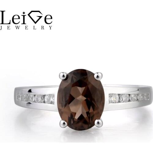 Leige Jewelry Genuine Natural Smoky Quartz Ring Proposal Ring Oval Cut Brown Gemstone Solid 925 Sterling Silver Gifts for Women