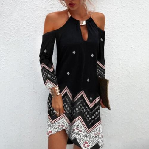 Women Mini Dress Chain Halter Floral Print Hollow Out Off Shoulder Irregular Hem Mini Dress Streetwear Party Beach Dress 2021