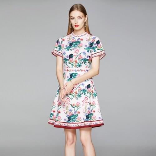LLZACOOSH Harajuku Dress for Lady 2020 summer New Women Runway Designer Print Short Sleeve stand collar midi Office party Dress