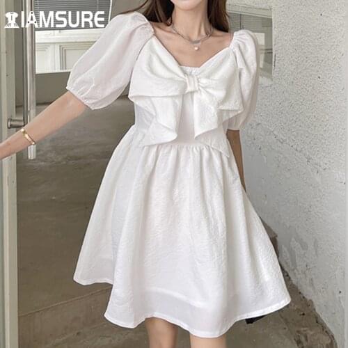 IAMSURE Vintage Bow Summer Dress Casual Solid Square Collar Puff Sleeve A-Line Mini Dresses For Women 2021 Fashion Streetwear