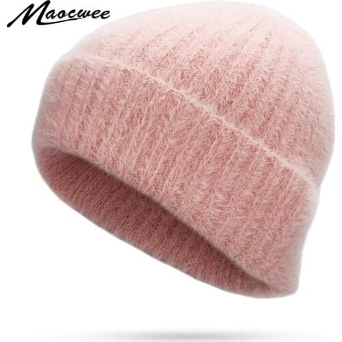 Winter Rabbit Hair Beanie Hat For Women Men Outdoor Knitted Warm Soft Headgear Caps Solid Color Fashion Crochet Skullies Beanies