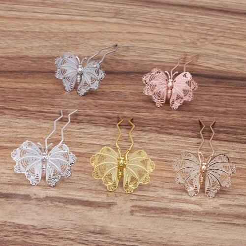 10 PCS 27*40mm Metal Brass Butterfly Hair Fork 68*12mm U Shape Hair Sticks Settings DIY Hair Accessories For Jewelry Making