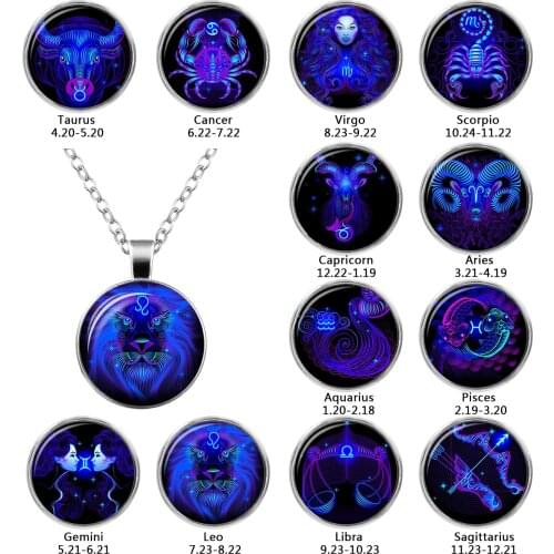 2019 New Fashion Galaxy 12 Constellation Design Zodiac Sign Horoscope Astrology Pendant Necklace For Women Men Glass Cabochon