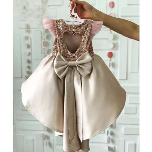 Champagne Glitter Sequined Girls Hi Low Princess Dress Infant Toddler Birthday Gowns Flower Girl Dress Pageant Wear with Bow