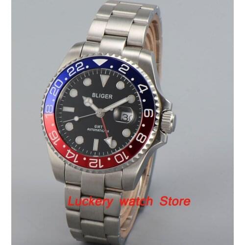 Bliger 40mm mechanical watch black dial luminous saphire glass GMT Automatic movement mens watches