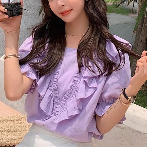 Blusas Solid Blouses Women Tops Blouse 2021 Summer Short Sleeve Korean Casual Shirt Slim Ruffles Office Lady Clothing 10048
