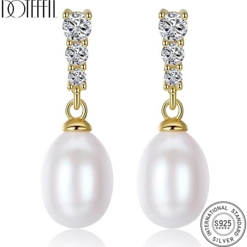 DOTEFFIL 925 Sterling Silver White/Pink/Purple Natural 8mm Pearl Zircon Gold Earrings For Women Wedding Engagement Charm Jewelry