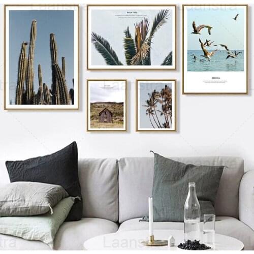 Cactus Plant Home Decoration Painting Seabird Fishing Living Room Wall Canvas Art Poster Wasteland Log House Prints Coconut Tree