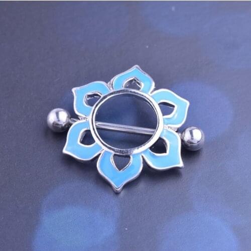 2Pcs Blue Flower Nipple Ring Surgical Stainless Hexagram Nipple Piercing Mamilo Sexy Nipple Rings Bar Rings Body Jewelry Pircing
