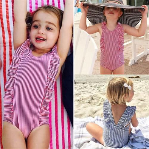 Fashion Toddle Kids Baby Girls Sleeveless Ruffle Stripe Backless Cute Casual One-Piece Swimsuits Beachwear Bathing Suits