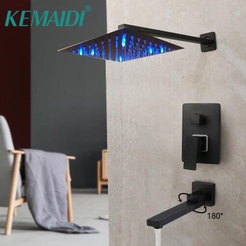 KEMAIDI Matte Black LED Shower Faucets Set Rainfall Shower System Wall Mount Bathtub Shower Mixer Shower Combo Set