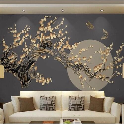 Milofi size custom 3D printing wallpaper mural new Chinese plum blossom bright moon golden embossed line background wall