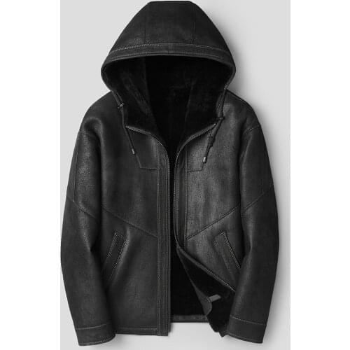 Winter Shearling Genuine Leather Jacket Men Real Fur Coat Hooded Natural Sheep Fur Coats Warm casual JM-H2-19833 KJ3852