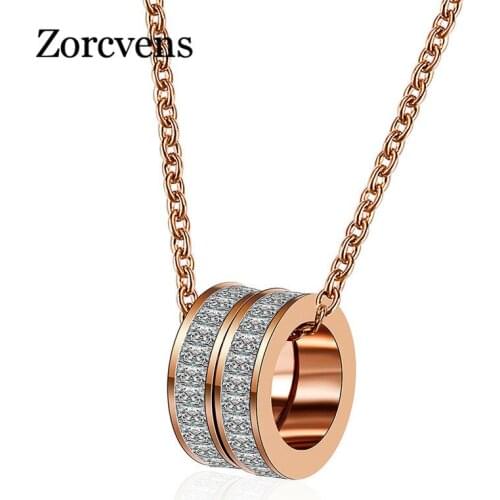 Modyle 2020 New Fashion Rose gold Color Stainless Steel Necklace Full Cubic Zirconia Round Pendant Necklace for Woman