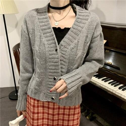 Autumn new style pastoral retro v-neck long-sleeved sweater womens sweater short solid color top