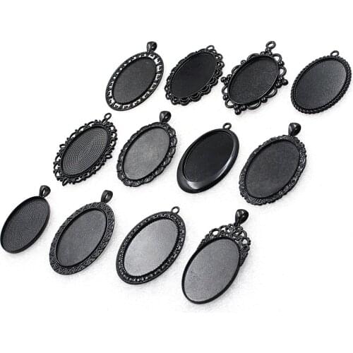Fit 30x40mm Oval Cabochons Pattern Glass Cameos Black Frame Settings Bezel Tray For DIY Necklace Making Accessories 2pcs K06248