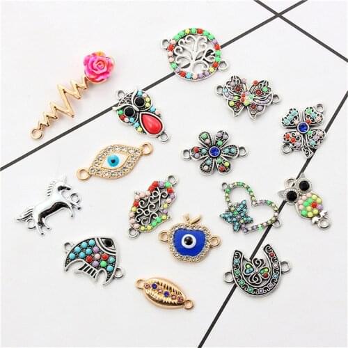 Julie Wang 10PCS Alloy Charms With Acrylic Rhinestones Animal Flower Eye Palm Life Tree Pendants Jewelry Making Accessory