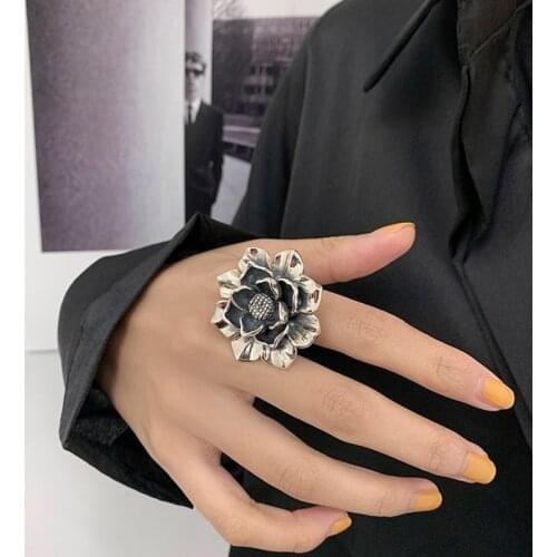 Retro Punk Flower Ring Plating Thai Silver Opening Adjustable Peony Flower Chrysanthemum Ring for women