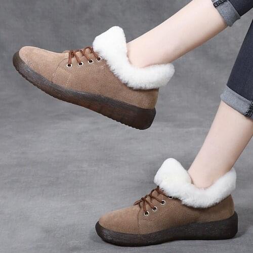 LAASIMI Women Winter Wool Snow Boots For Ladies Cow Suede Slip On Shoes Woman Handmade Flat With Warm Boots Female Fur Footwear