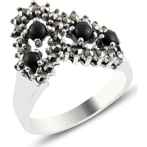 Silver 925 Sterling Onyx & Marcasite Ring