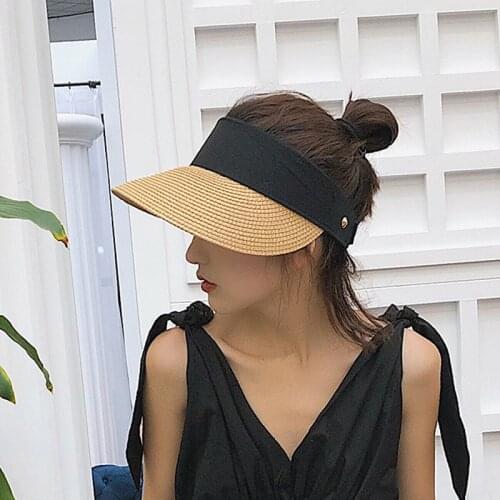 Summer Wear Woven Straw Hats For Women Empty Top Casual Beach Visor Caps Wide Large Brim Hat Velcro Adjustable Foldable Sun Cap