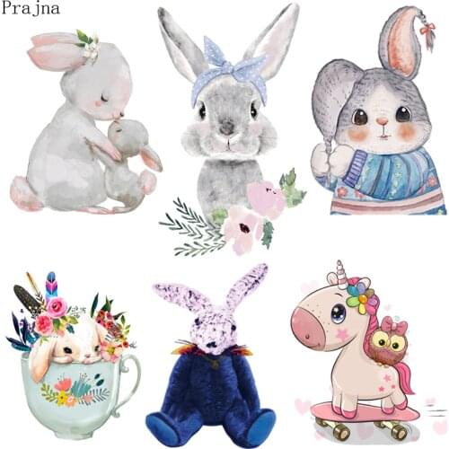 Prajna Cute Bunny Rabbit Patch Heat Transfer Vinyl Iron On Transfer For Clothes Cartoon Badge Ironing Stickers Applique A Level