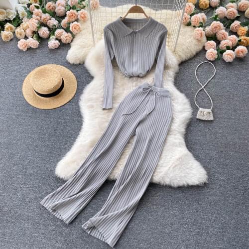 SINGREINY Women Autumn Casual Knitted Set Turndown-Collar Long Sleeve Slim Zipper Cardigan+Wide Leg Long Pants Two Piece Suits