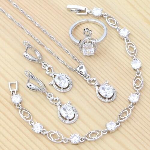 Wedding Jewelry Set for Women 925 Silver Earrings Chain Bracelet Pendant Adjustable Ring White Cubic Zirconia Accessories