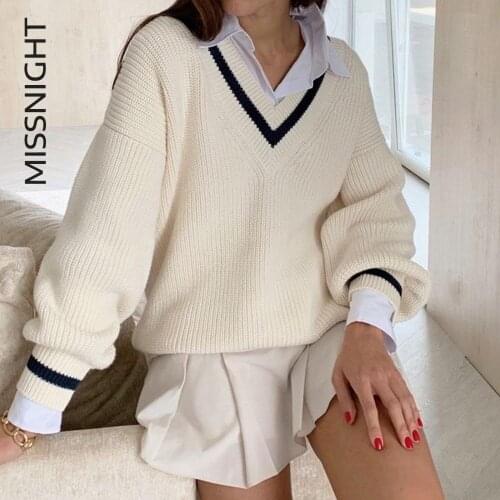 Missnight Fall Winter 2020 White Sweaters For Women Chic Pullover Long Sleeve Top Sweet Sweater Tank V Neck Stitching Streetwear