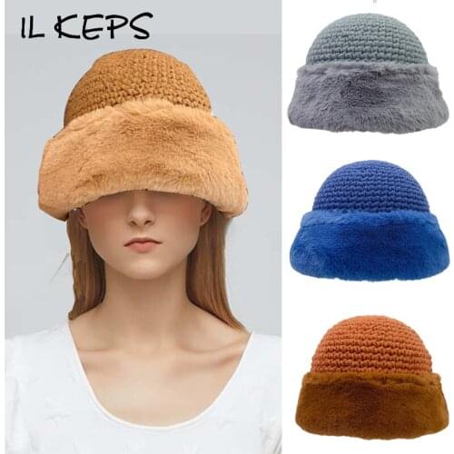 Thick Wool Hat WinterWomens Cap For Female Beanie Thick Fluff Knitted Labeled Kpop Ladies Skullcap ZZM019