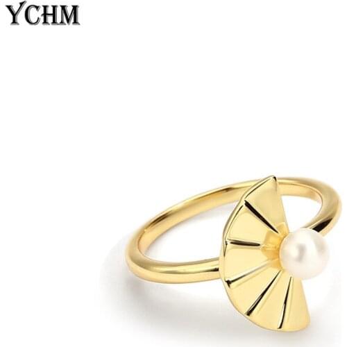 Vintage Folding Fan Ring With Pearl Rings For Women Gold Plated Metal Ring Woman Jewelry YCHM