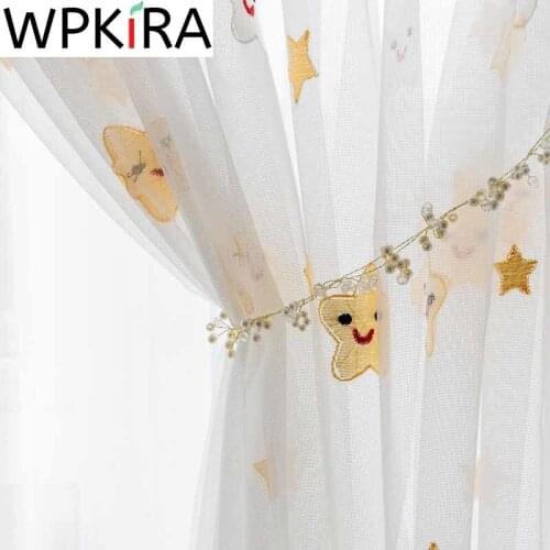 Cartoon Smile Face Stars Embroidered Tulle Curtain for Kids Girls Bedroom Bay Window Sheer Voile Fabric Screening Panel AD659E