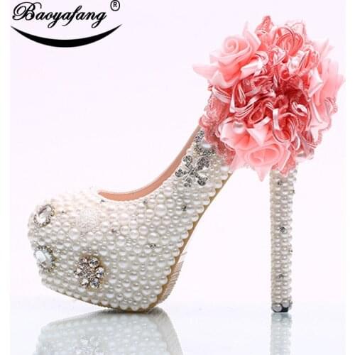 2019 New arrival Womens wedding shoes white pearl Bridal party dress shoes Pink lace Flower Woman High heels platform shoe