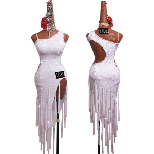 Latin Dance Dress Latin Skirt Competition Dress Costumes Performing Dress Practice Skirt Customize Adult Kids Lady White Tassel