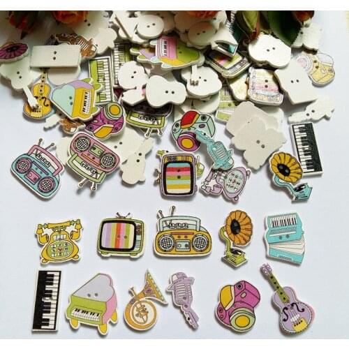 40pcs Mixed Musical Instruments 2 Holes Natural Wooden Buttons Decorative Scrapbooking Sewing Accessories For Craft
