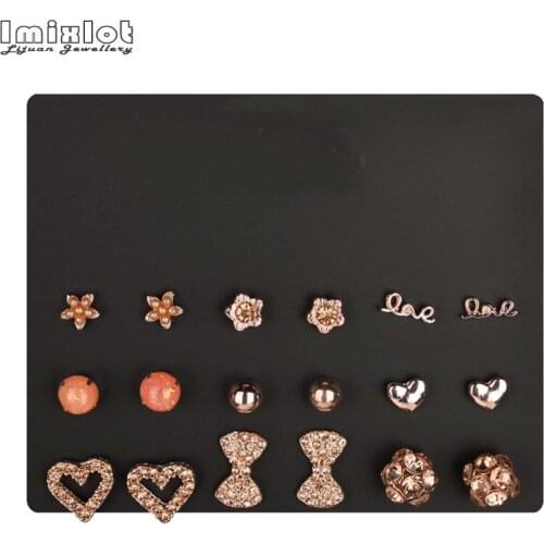 9pairs/set Rhinestone Heart Bow Flower Earrings Set Women Jewelry Accessories Piercing Opal Ball Stud Earrings Brincos Jewelry