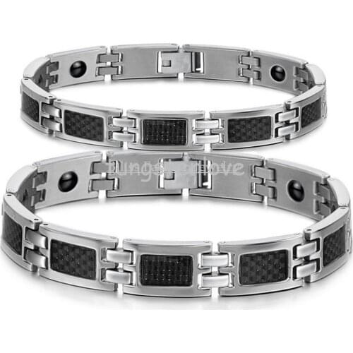His or Hers Healthy Black Carbon Fiber Energy Magnetic Stone Stainless Steel Bracelets for Couple Lovers Christmas Gift