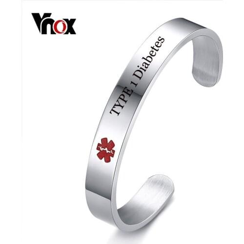 Vnox Custom TYPE 1 Diabetes Disease Name Medical Alert ID Cuff Bracelet Bangle for Men Male Jewelry Free Engraving