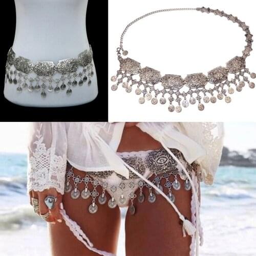 Gypsy Silver-color Metal carved Coin Tassel Waist Chains Body Jewelry Belly Dance Belt Charm Body Chain Turkish Jewelry For Wome