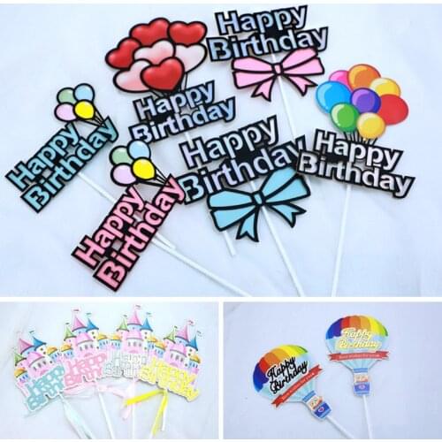 Color Bow Balloon Cake Topper Childrens Favorite Castle Happy Birthday Cake Toppers Wedding Birthday Party Cupcake Baking Decor