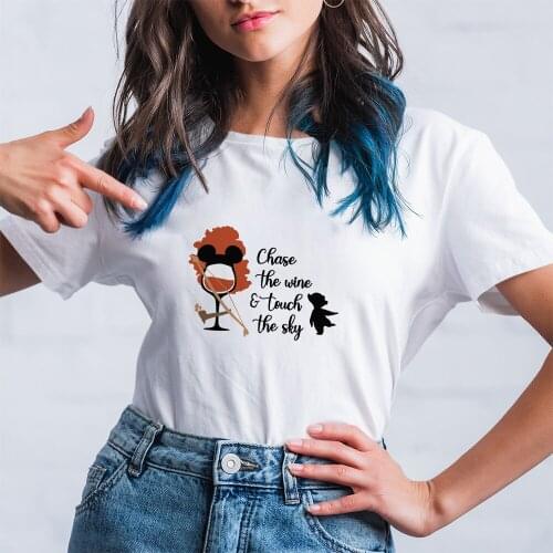 Disney Wine Glass Princess Series Women T-Shirt Kawaii Fashion Chase The Wine Touch The Sky Letters Print Cartoon T Shirt Female