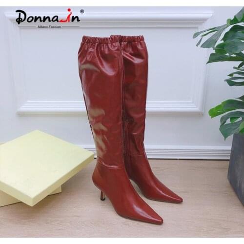 Donna-in 2021 New Autumn Knee High Boots Red Wine Luxury Calf Leather Kitten High Heel Pointed Toe Women Boots Pleated Fashion