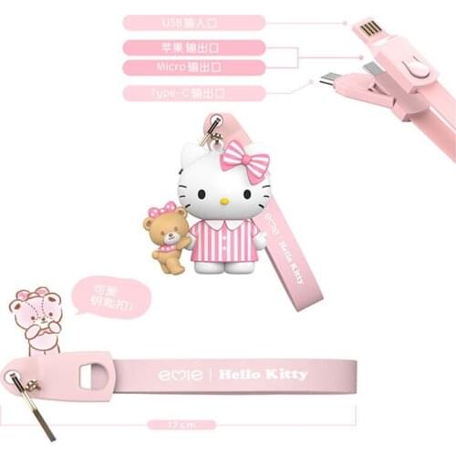 Anime Hello Kitty Data Cable Support Type-C Apple Lighting Micro USB Three-In-One Mobile Phone Charging Cable Blind Box